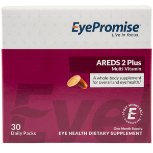 Image of EyePromise AREDS 2 Plus Multivitamin box, with white on the top and fuchsia on the bottom