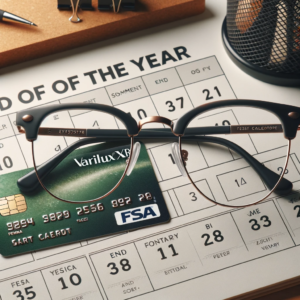 A photo showcasing a stylish pair of eyeglasses with Varilux XR lenses next to an FSA card. The calendar in the background emphasizes the end-of-year timeframe and the special 'BOGO' offer.