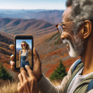 A mid-forties Caucasian female hiker stands at the summit of Bearwallow Mountain, posing happily with the November landscape of the Western North Carolina Blue Ridge Mountains behind her. The trees are showing their rusty fall colors. An African American male in his mid-forties is taking her photo with his iPhone. The image is captured over his shoulder, showing his ear and the side of his face with clear lens glasses. On the iPhone screen, the female hiker is displayed, identical to the posing woman, wearing the same clothes and sunglasses, reflecting the continuity of the scene.